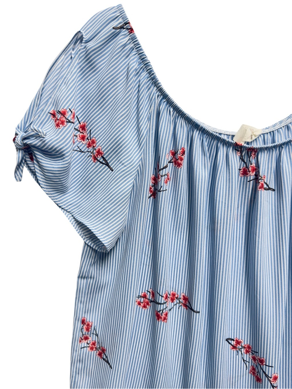 Satin Knit Pinstripe Floral Vines Off Shoulder Blouse Top - Picture 5 of 10